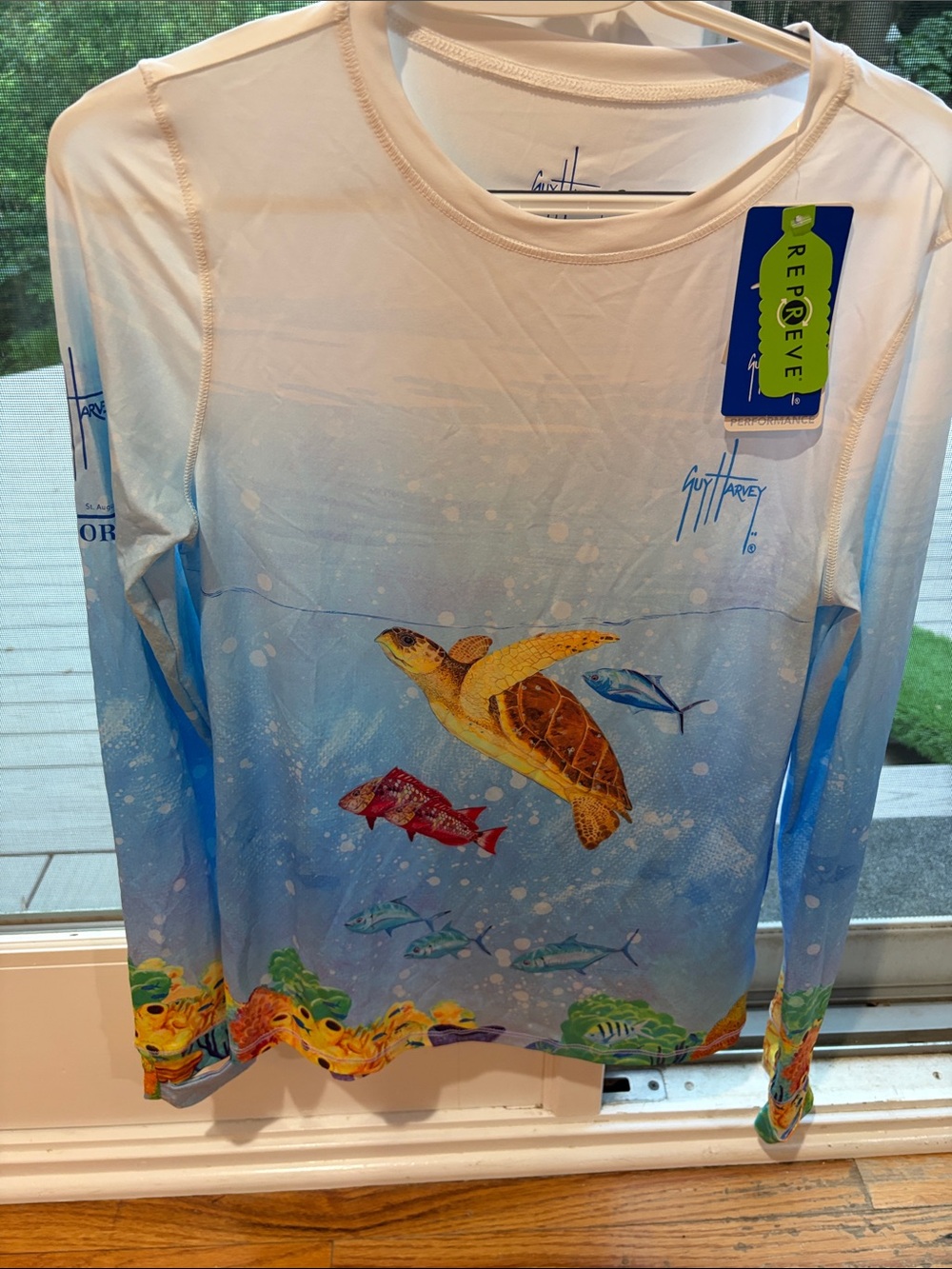Guy Harvey Blue and White Sea Turtle & Fish Performance Shirt